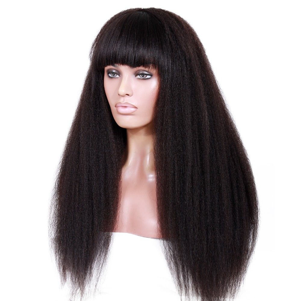Kinky Straight Full Lace Wig With Bangs 8A Mongolian Coarse Italian