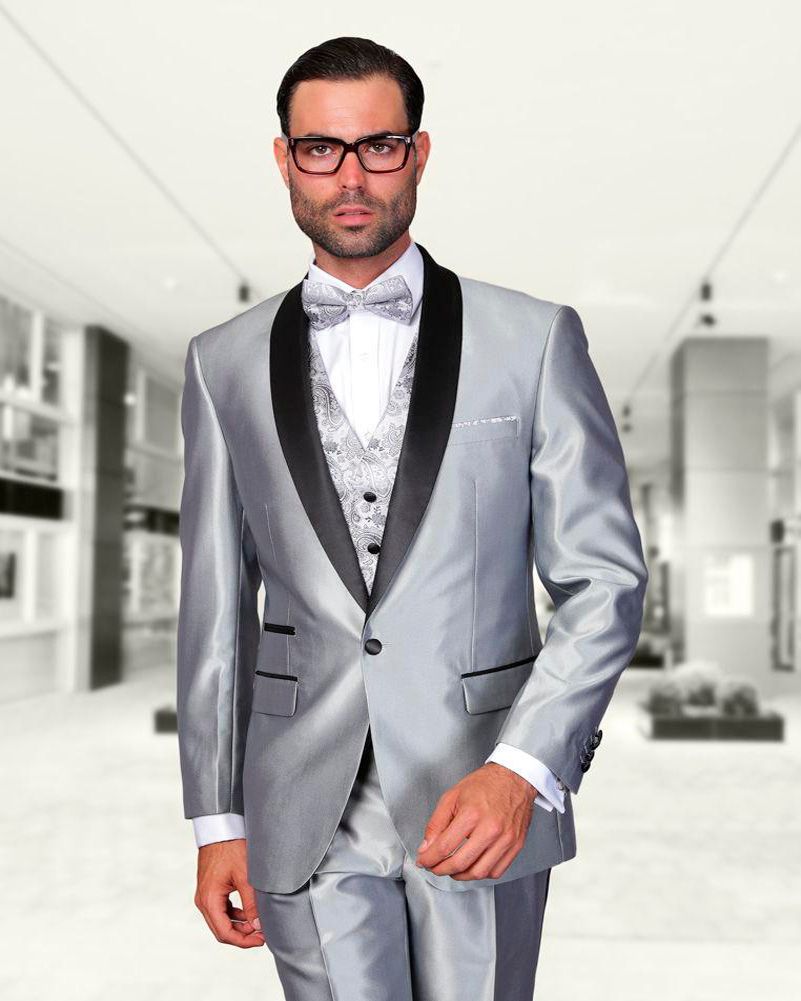 2019 Wholesale Shiny Silver Beach Wedding Groom Suits With Black