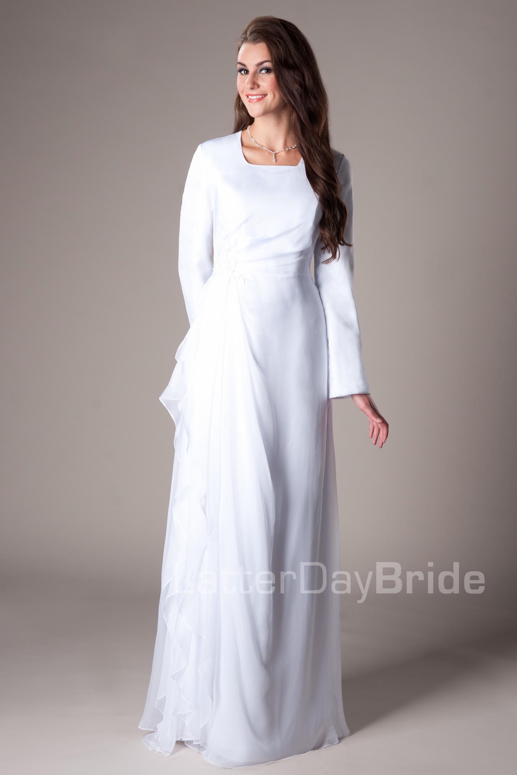 Discount Informal White Chiffon Temple Modest Wedding Dresses With Long ...