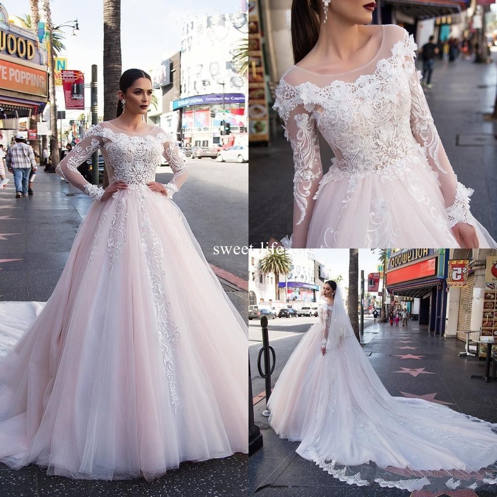  Blush  Pink Long  Sleeve  2019 Ball Gown  Wedding  Dresses  