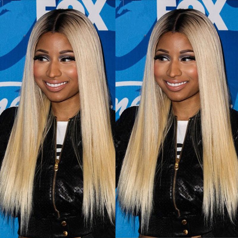 Two Tone Ombre Wig Black Root Blonde Hair Long Silky Straight Heat