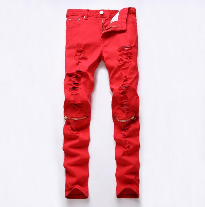 red ripped jeans