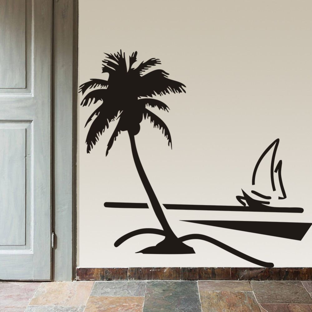 Compre Playa Coco Palmera Velero Arte De Pared Baño Vidrio Arte Moderno