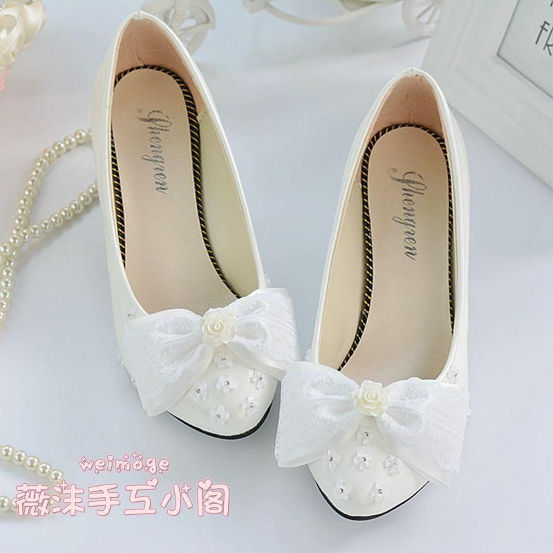 White Bow Lace Wedding Shoes Cheap Bridal Shoes 2015 Women Pump Low