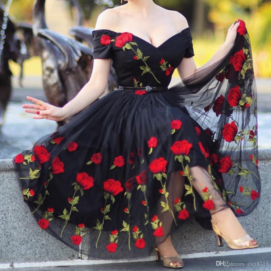 Rose Embroidery Party Dress Black V Neck Off The Shoulder Evening Wear