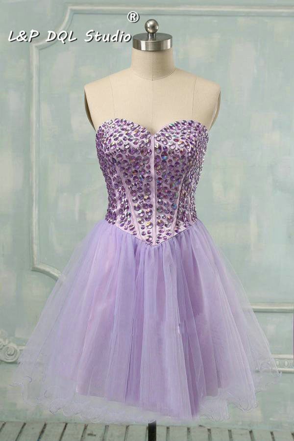 Sexy Light Purple Short Prom Dresses Sparkling Beads Crystal Pleats