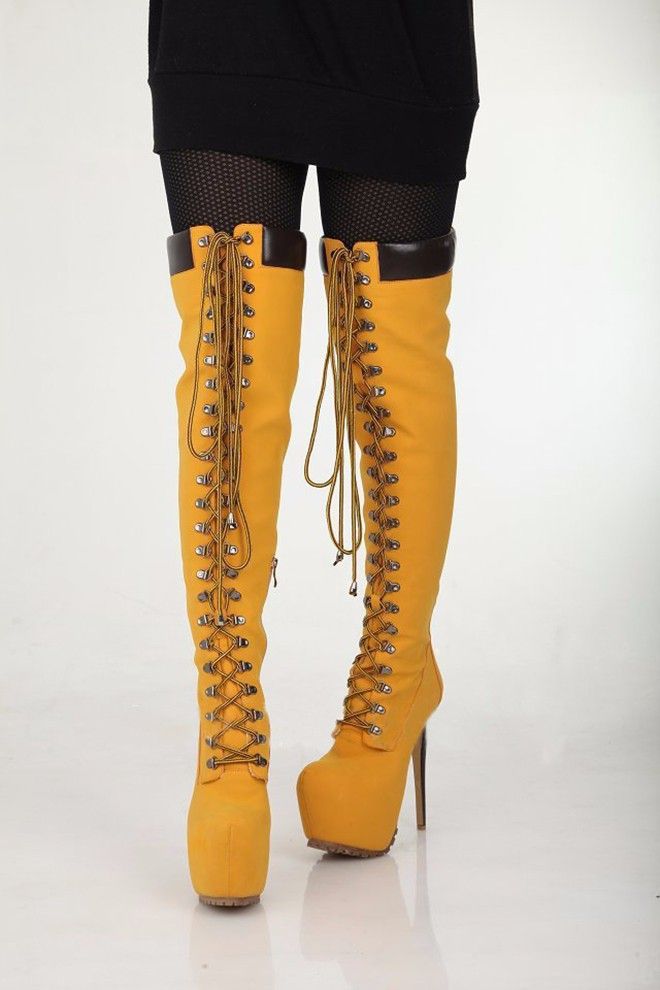 20168new Fashion Big Size Round Toe Thigh High Boots Lace Up Yellow ...