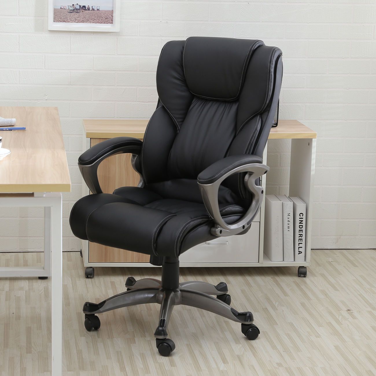 Black Pu Leather High Back Office Chair Executive Task Ergonomic Computer Desk