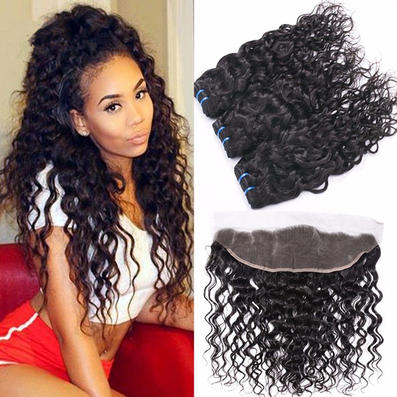Brazilian Water Wave 3 Bundles With Lace Frontal Closure Ear To