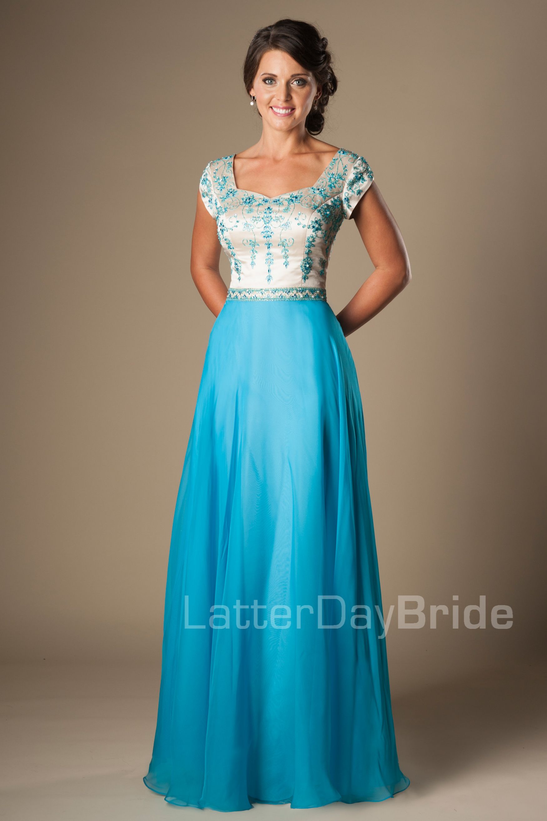 Long Blue Embroidery Chiffon Long Modest Prom Dresses With Cap Sleeves ...