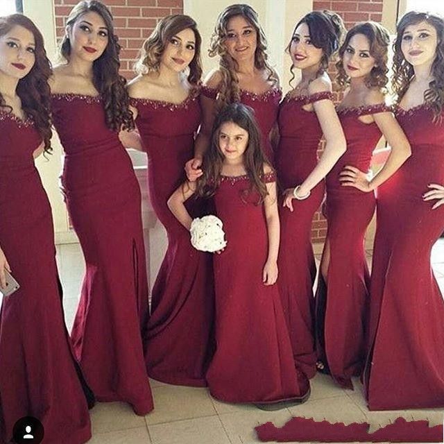 burgundy off the shoulder bridesmaid dress
