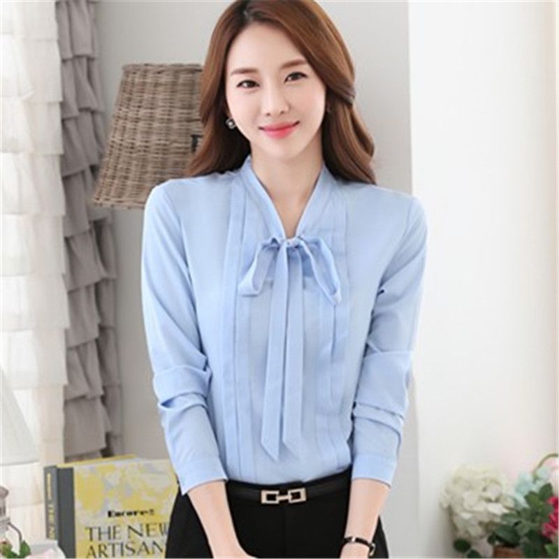 Women tie bow blouse Autumn wear long sleeve White Pleated