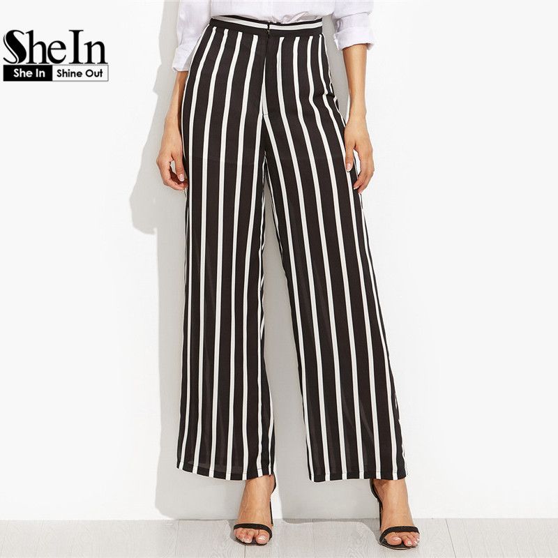 Compre SheIn Pantalones Sueltos Pantalones De Mujer Pantalones De Mujer De  Marca Elegante Pantalones Negros De Rayas Verticales Pantalones Anchos De  Cintura Alta A 31,42 € Del My01 | Es.Dhgate.Com