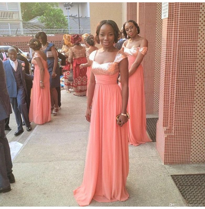 African Nigerian Wedding Coral Bridesmaid Dresses Sequin Evening Party