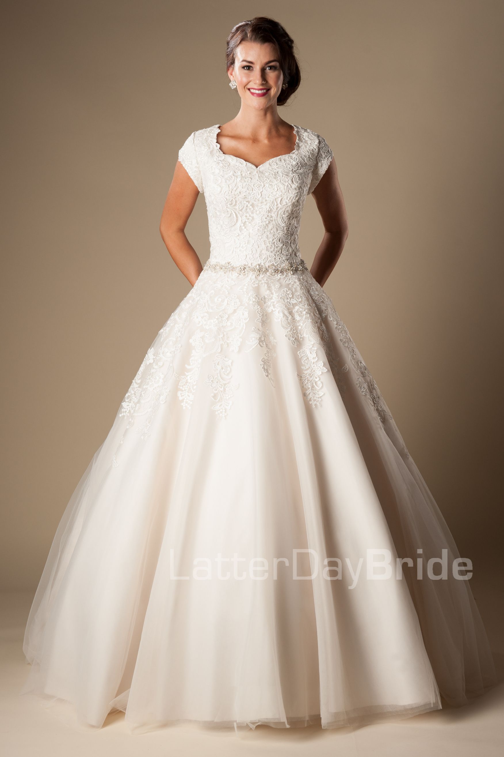 Ivory Lace Tulle Ball  Gown  Modest  Wedding  Dresses  Cap 