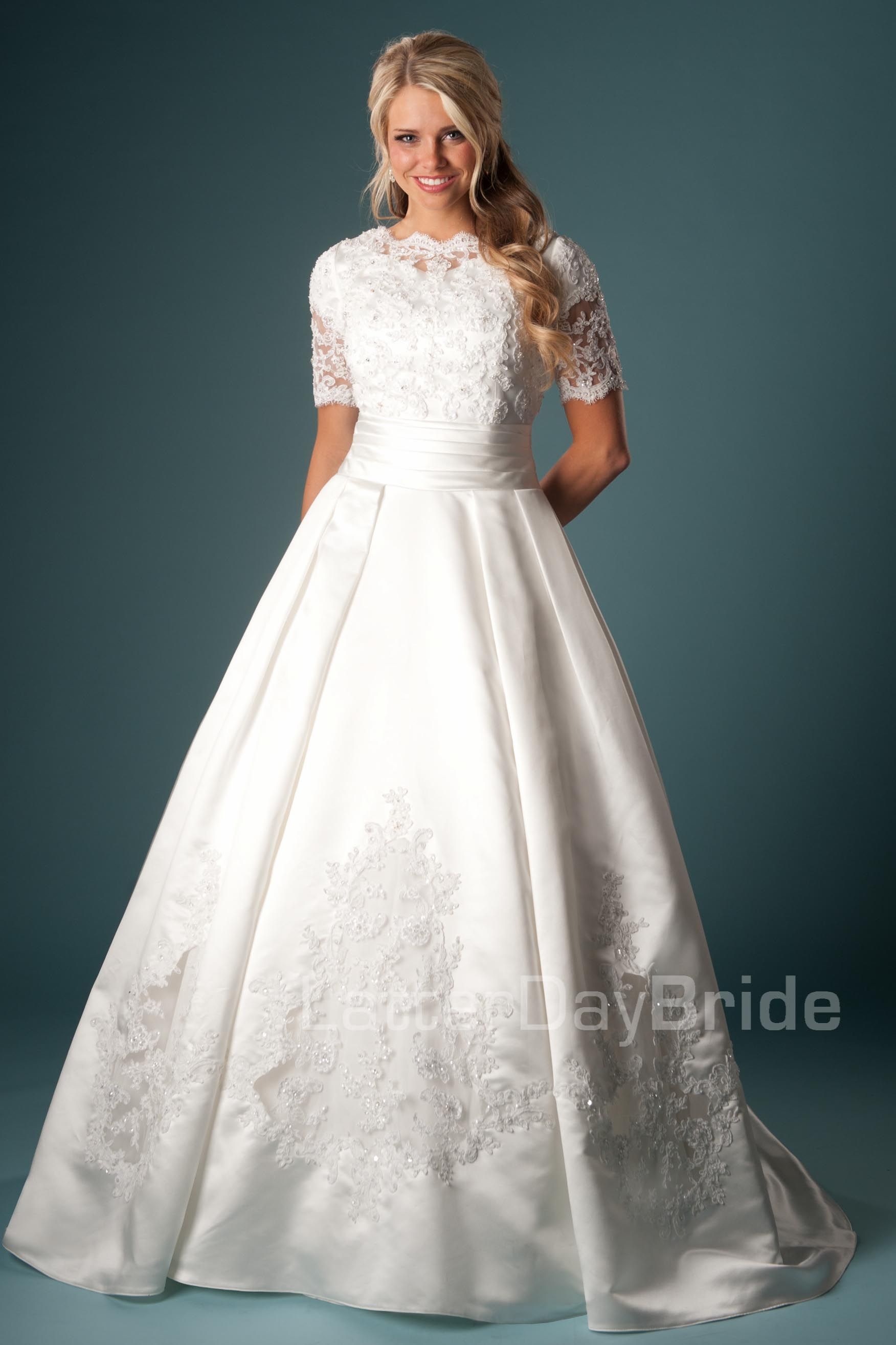 Vintage Lace Satin Short Sleeves Moest Wedding Dresses ...