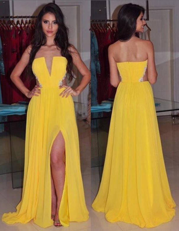 yellow strapless prom dress