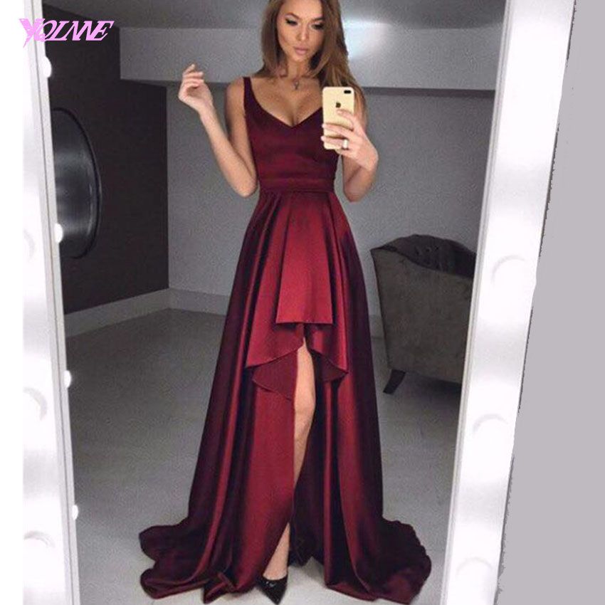 Simple Burgundy High Low Prom Dresses Long Evening Gown V Neck Satin ...