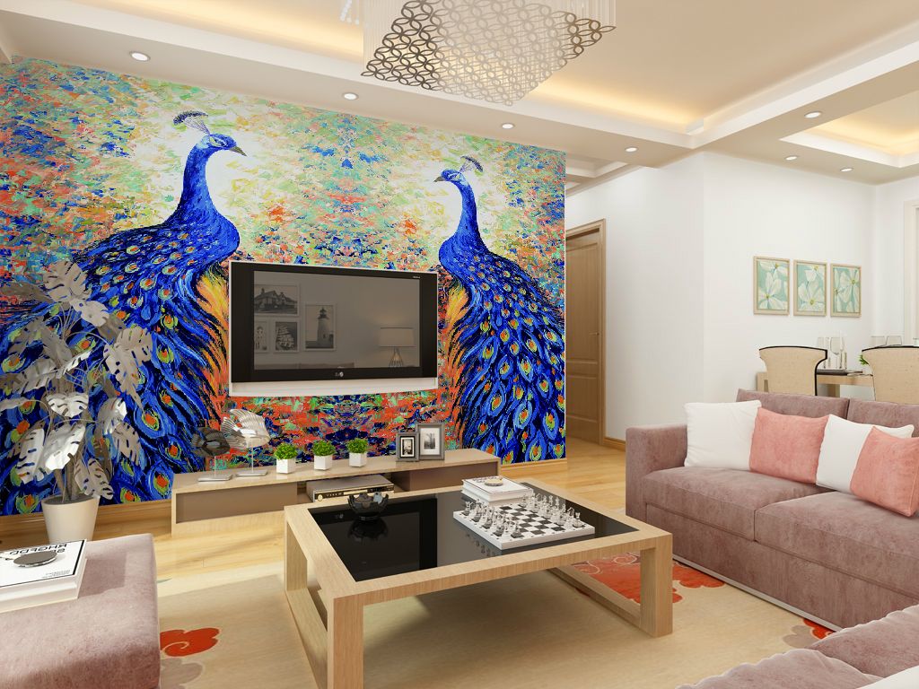 Promotional Wallpaper Mural Blue Peacock Oil Painting The Living