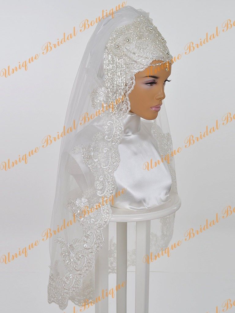 2021 muçulmano nupcial hijab feito personalizado laço applique borda cotovelo comprimento cristais de cristais de casamento véus uma camada