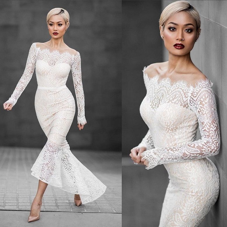 2022 New Sexy Women White Bodycon Bondage Dress Fahsion Hollow Out Long Sleeve Lace Mermaid 