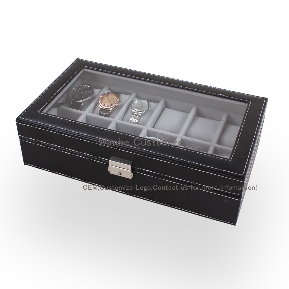 Caixas De Embalagem Wanhe Fábrica de Abastecimento Profissional 12 Grelhas Slot Watch Box Organizador de Exibição de Vidro Superior de Jóias de Armazenamento ORGANIZER CAIXA PRETA