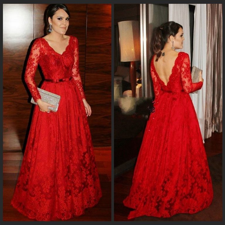 red lace gown with sleeves