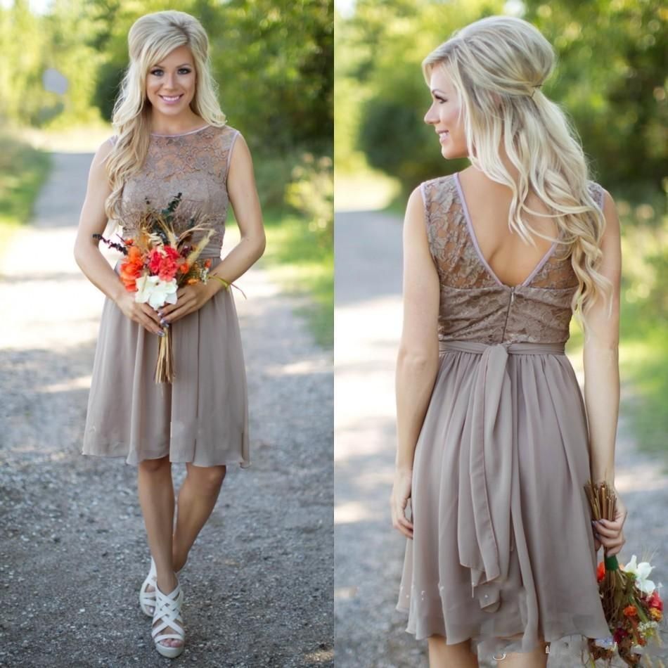 Short Country Boho  Bridesmaid  Dresses  Silver Lace Chiffon 