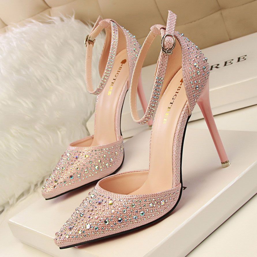 Beautiful Rhinestone Summer Lady Dress Shoes Women Pointed Toe Thin ...