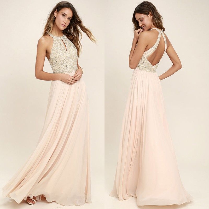  Modern  Blush Pink Chiffon Bridesmaid  Dresses  2019 Halter 