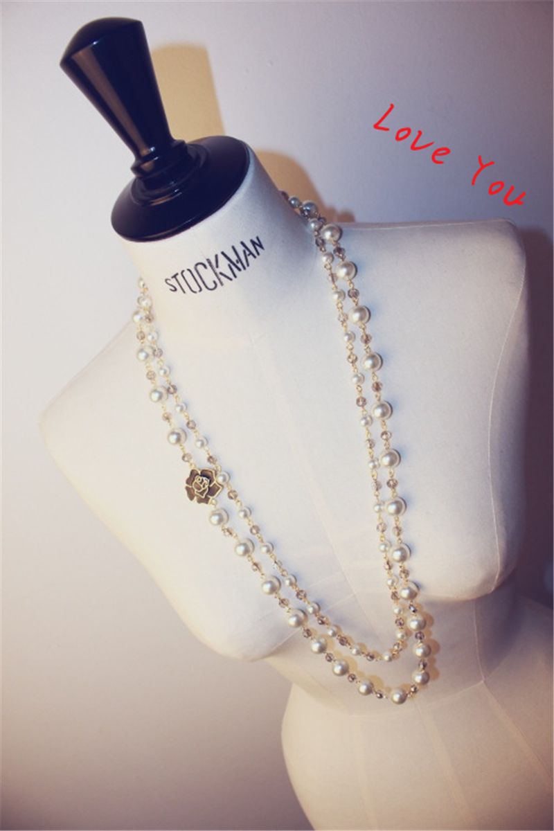 Kristall pärlor halsband hängsmycke för kvinnor blomma charms lång halsband tröja smycken koreansk pearl halsband bröllop part kostym bijoux