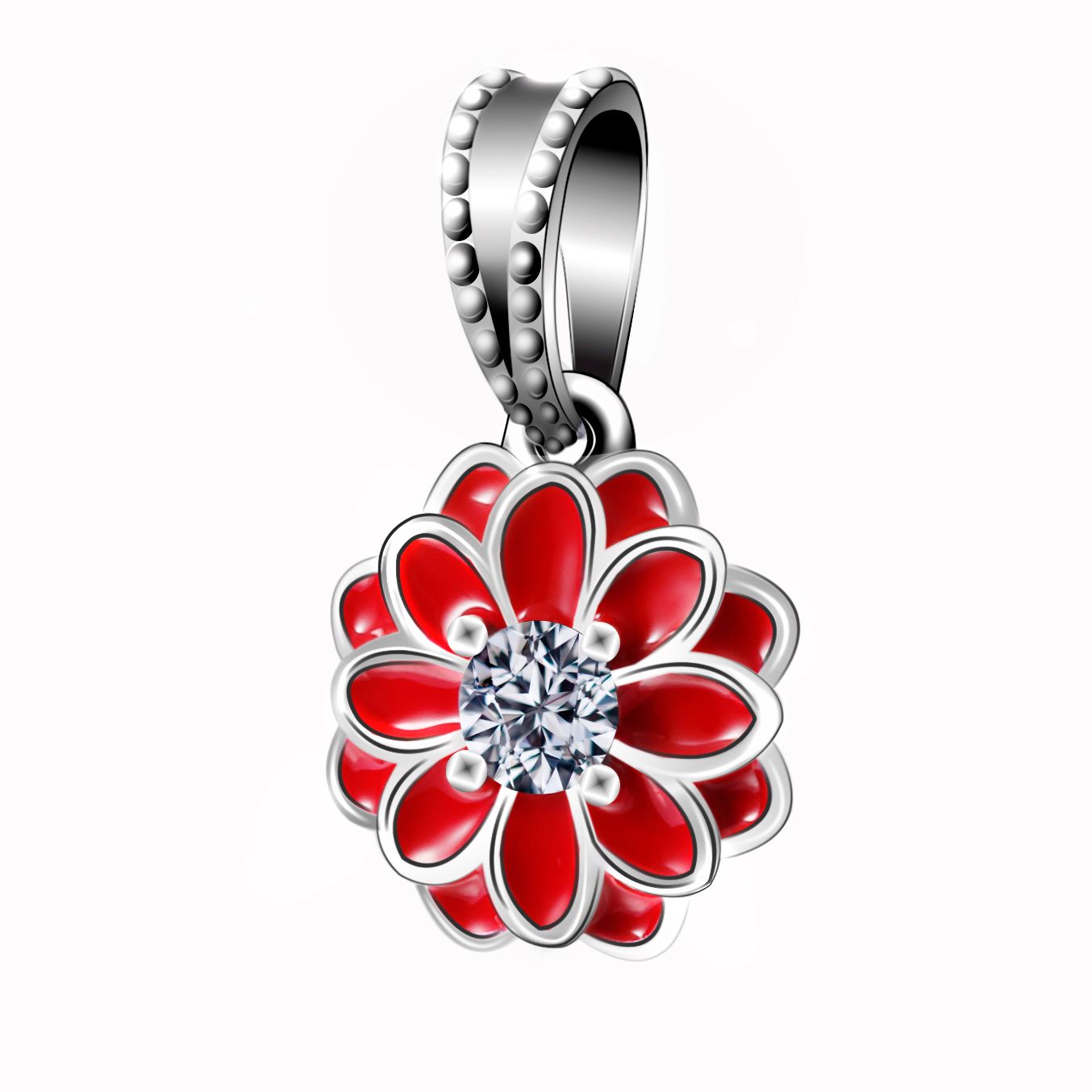 2019 Red Enamel Big Flower Pendant Charm 925 Sterling Silver European Beads Fit Snake Chain ...