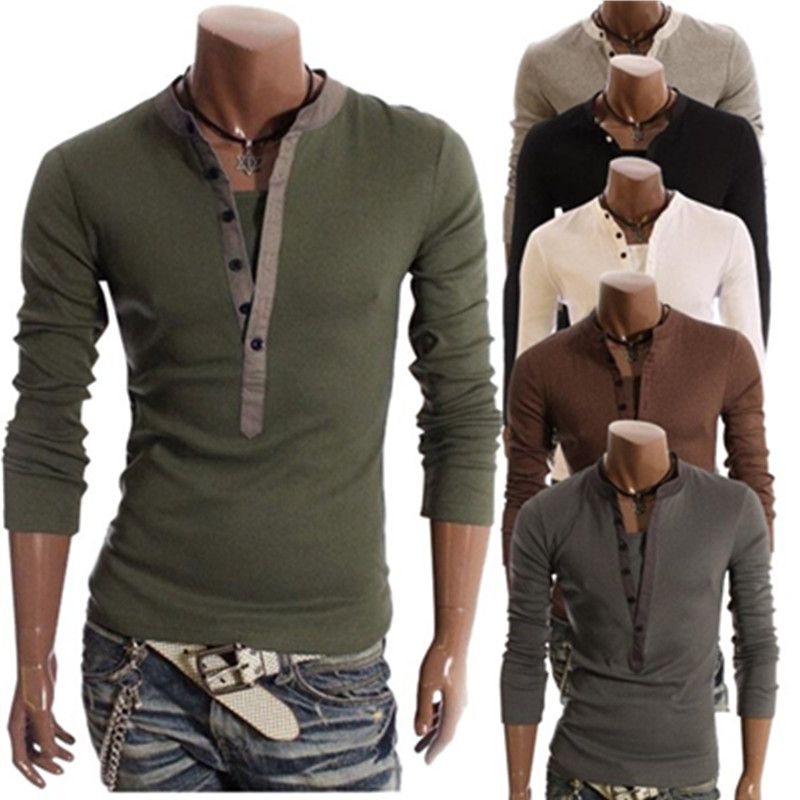 Brand New Men V-Neck Solid Pullover Slim Casual T-Shirts Long Sleeve ...