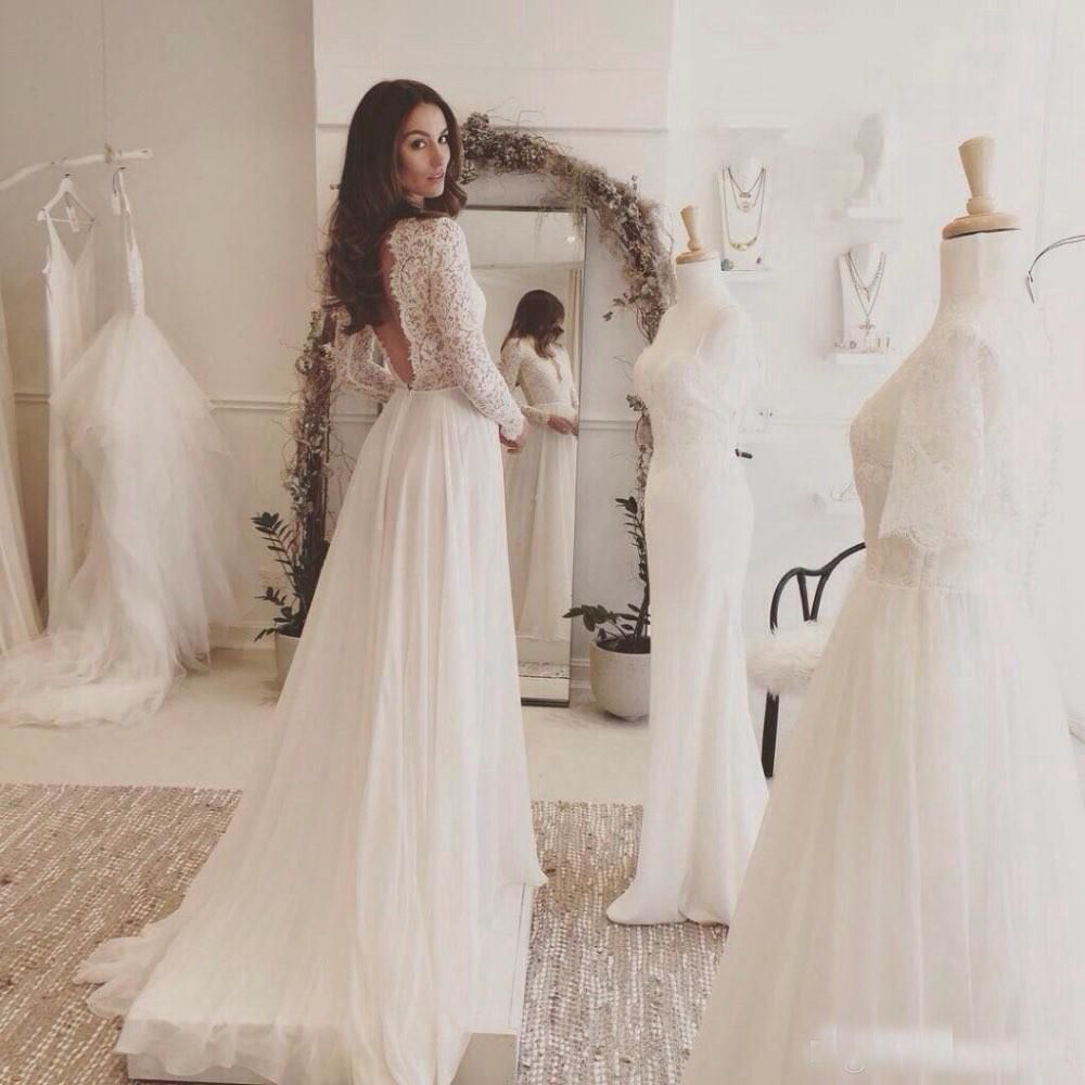 Discount 2017 Lace And Chiffon Beach Wedding Dresses White Long Sleeve Rustic Gowns Sweep Train Backless Vestidos De Noivas Para Casamento Muslim Discount 2017 Lace And Chiffon Beach Wedding Dresses White Long Sleeve Rustic Gowns Sweep Train Backless Vestidos De Noivas Para Casamento Muslim