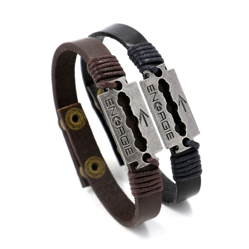 Top Quality Snap Leather Bracelets Bangle Handmade Braided Alloy Razor