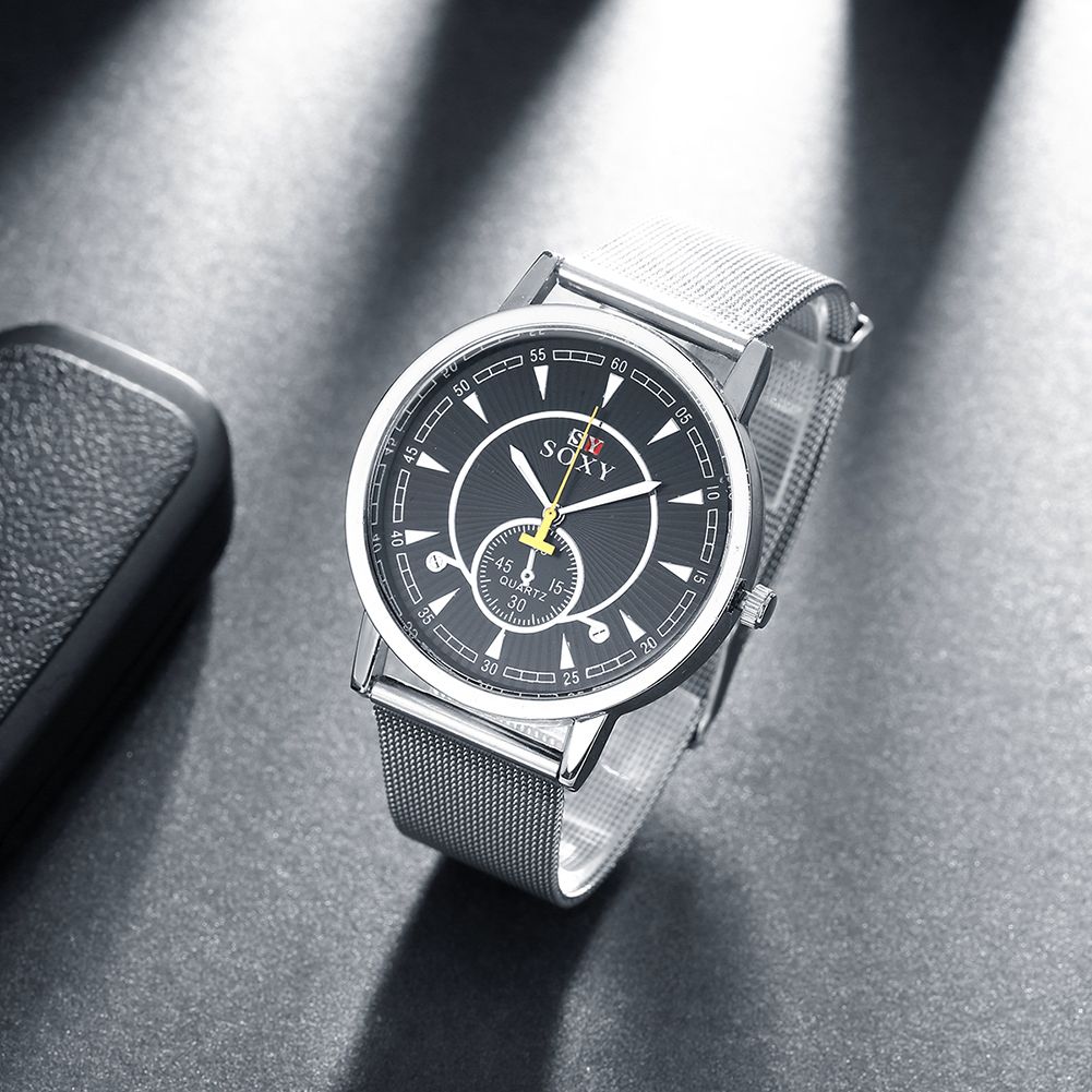 2016 Male Fashion Wristwatches Silver Metal Strap Men Watches Black