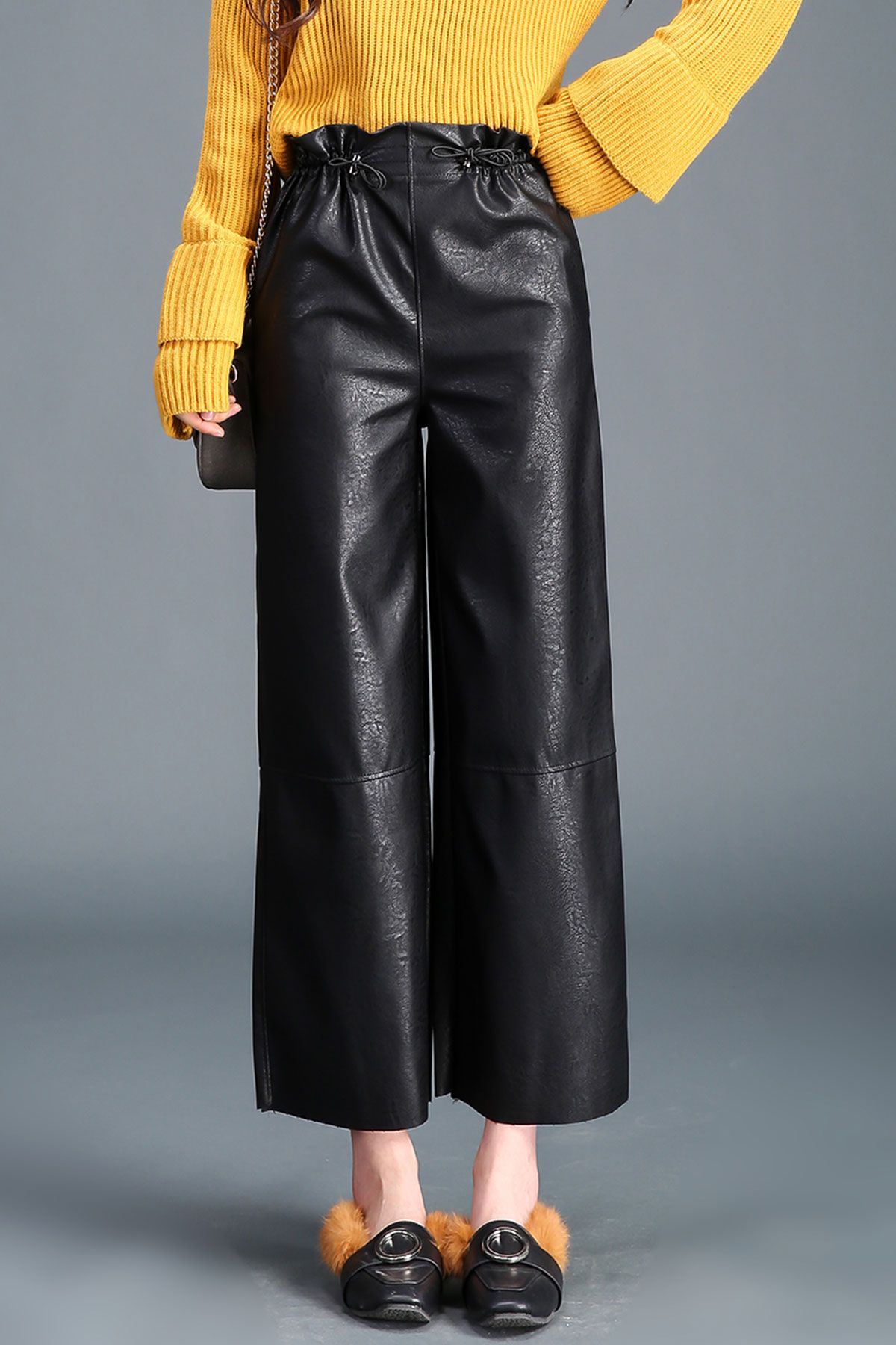 2019 Women'S Fashion Casual Leather Pants Elastic Waist Black Woman