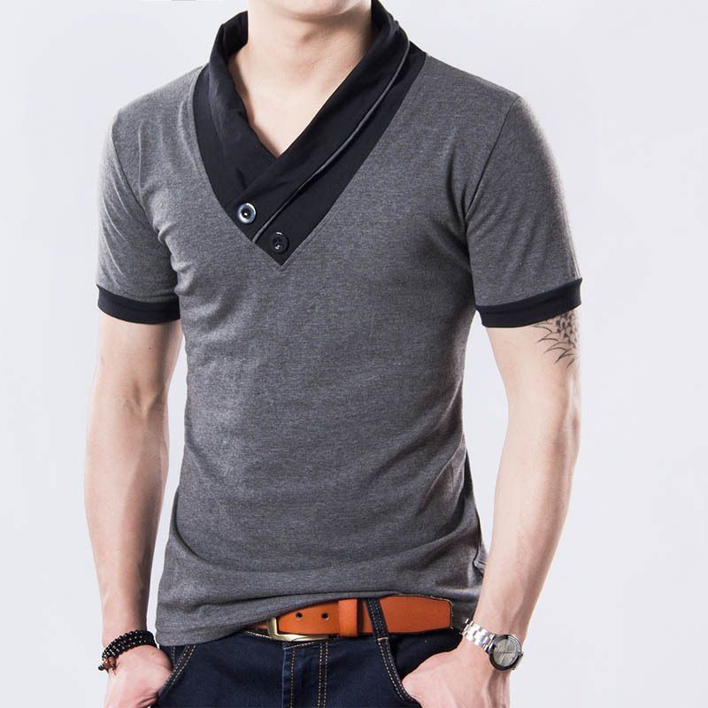 New T Shirt Men'S Clothing Fashion Casual Slim Fit Black Color V Neck ...