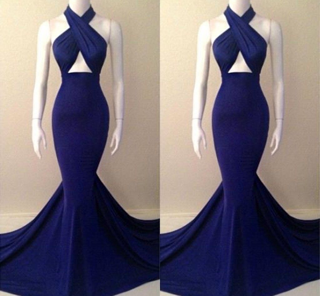 Royal Blue Halter Backless Sweep Train Satin Mermaid 