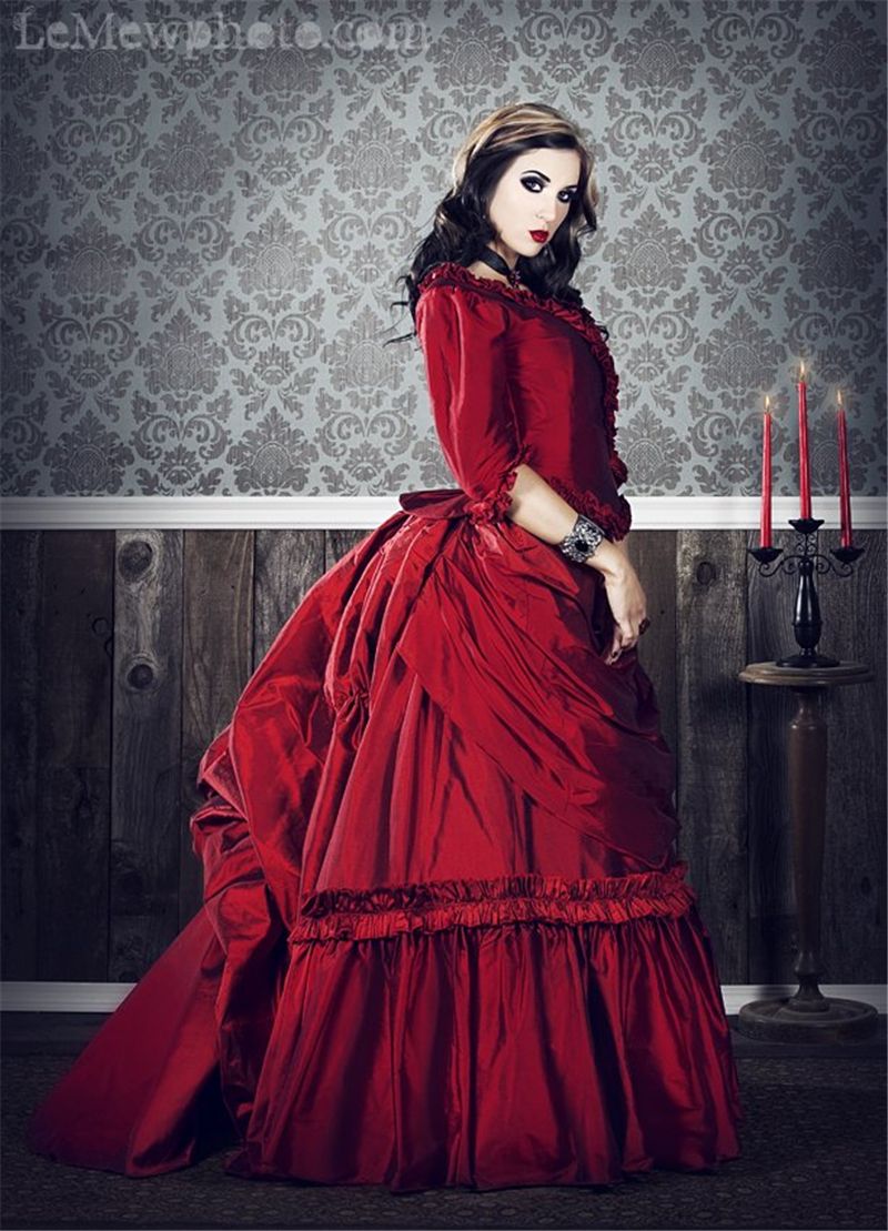 2016 Vintage Gothic Wedding Dresses Ruffles A Line Red V Neck Long ...
