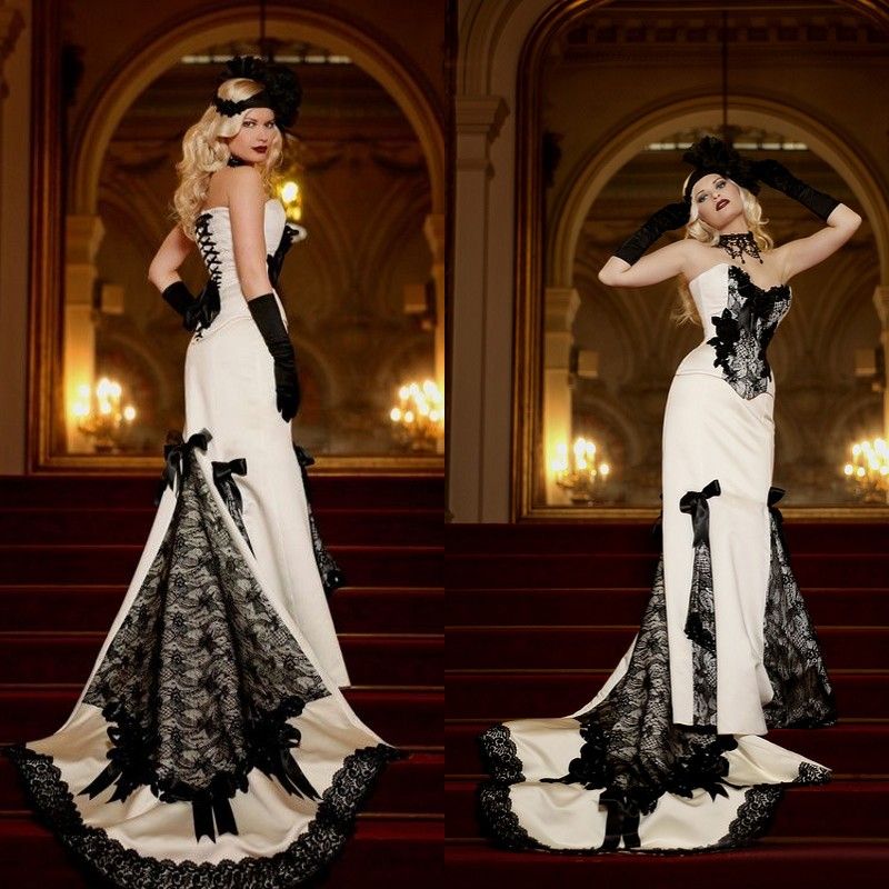Discount Vintage 2016 White Black Lace Victorian Wedding Dresses
