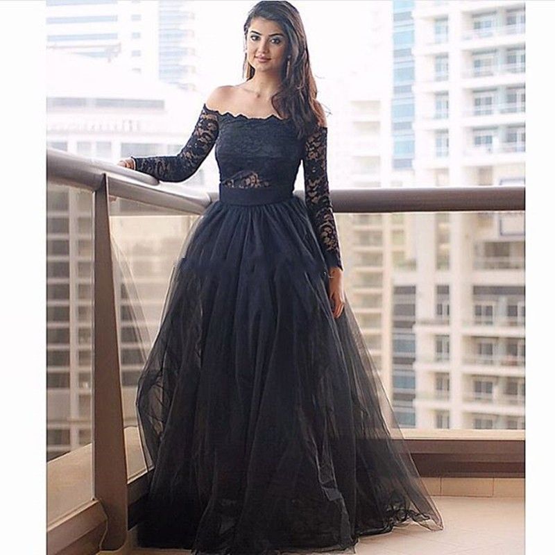 Long black formal dress with long sleeves top