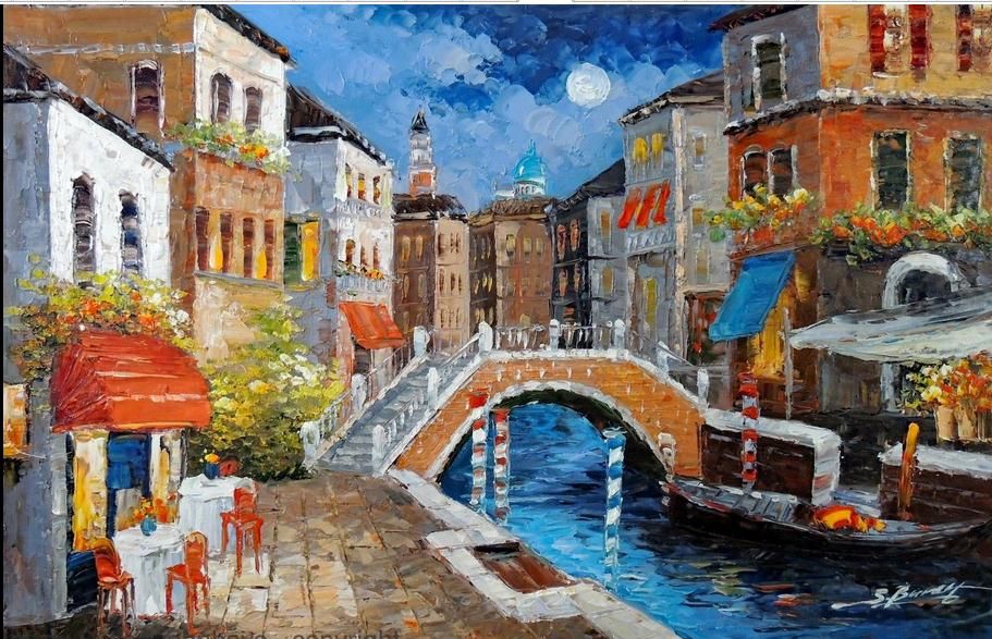 2019 Venice Italy Evening Canal Homes Cafe Sidewalk Tables,Handpainted