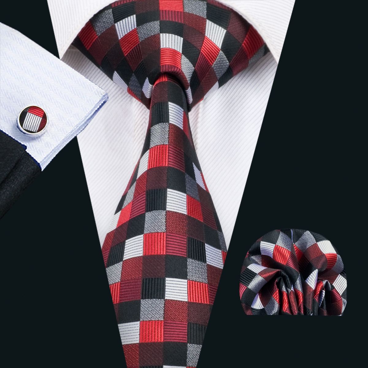 Classic Silk Mens Necktie Red Tie Sets Plaids Mens Ties Tie Hanky