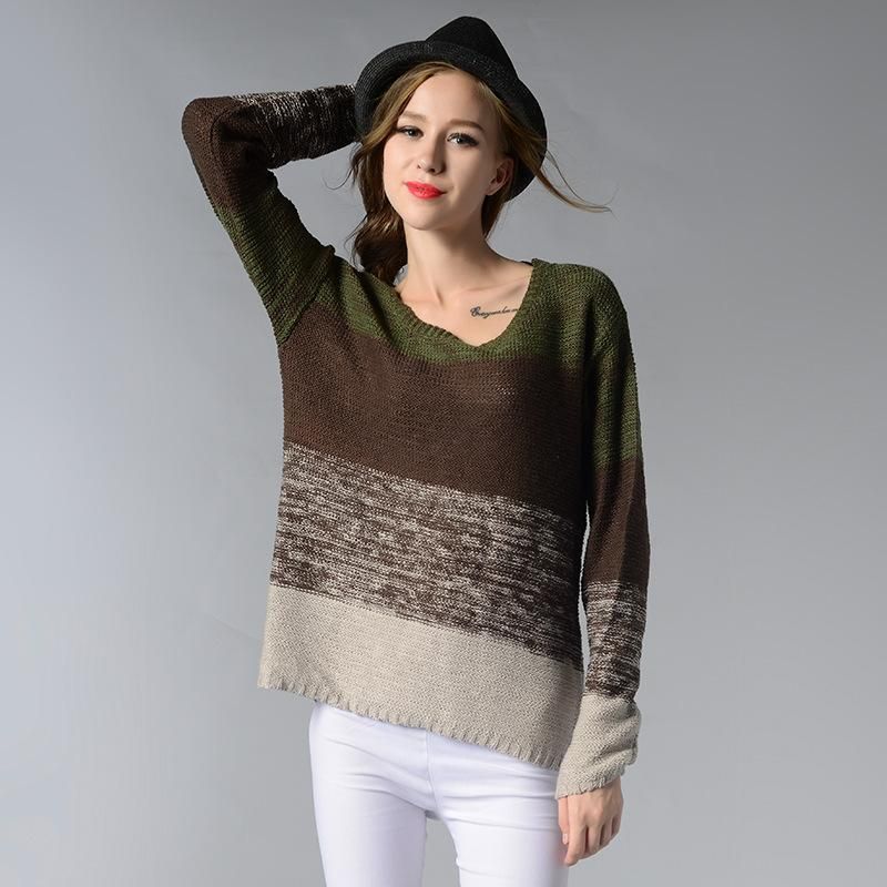 Women Casual Sweaters Pullovers Fashion ONeck Patchwork Striped