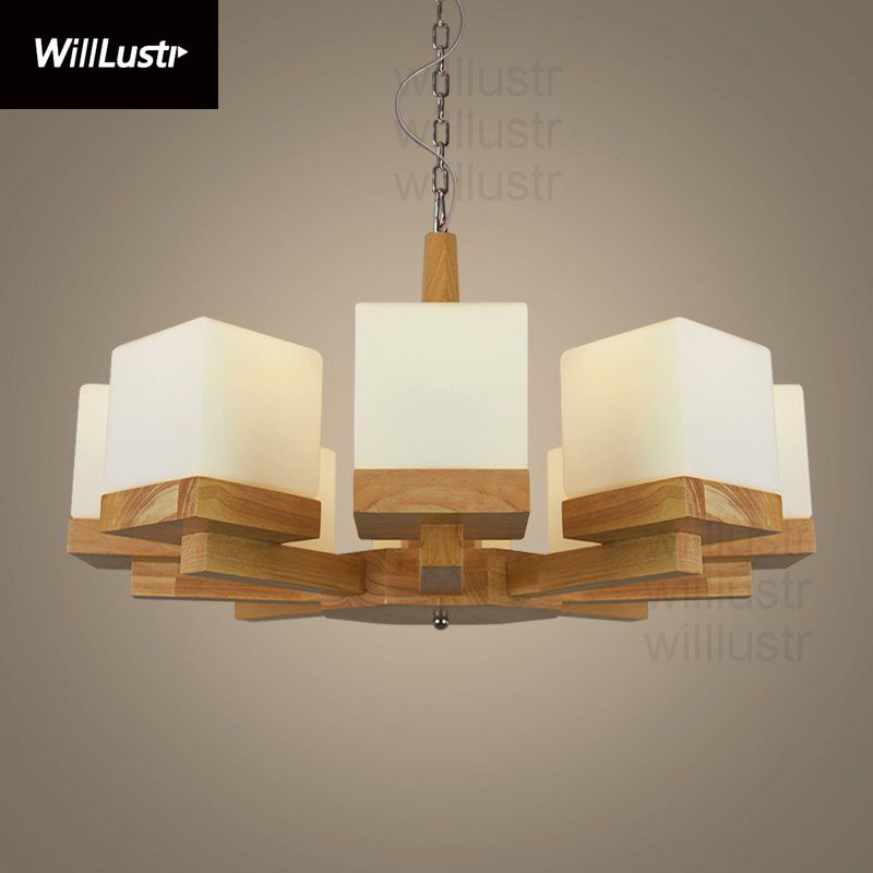 Willr Oak Wood Frame Cubi White Frosted Glass Pendant Lamp Cubic Suspension Light Hanging Lighting Dinning Rest Room Hotel Restaurant