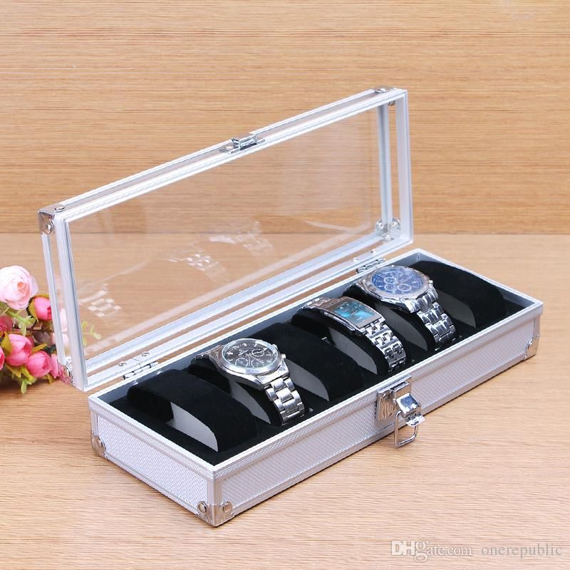 2015 New Style 6 Grid Aluminum Slots Watches Display Storage Square Box Case Aluminium Fashion