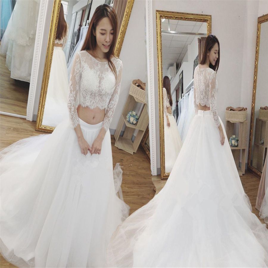 Discount New Boho Two Pieces Wedding Dress Bateau Neck Lace Three