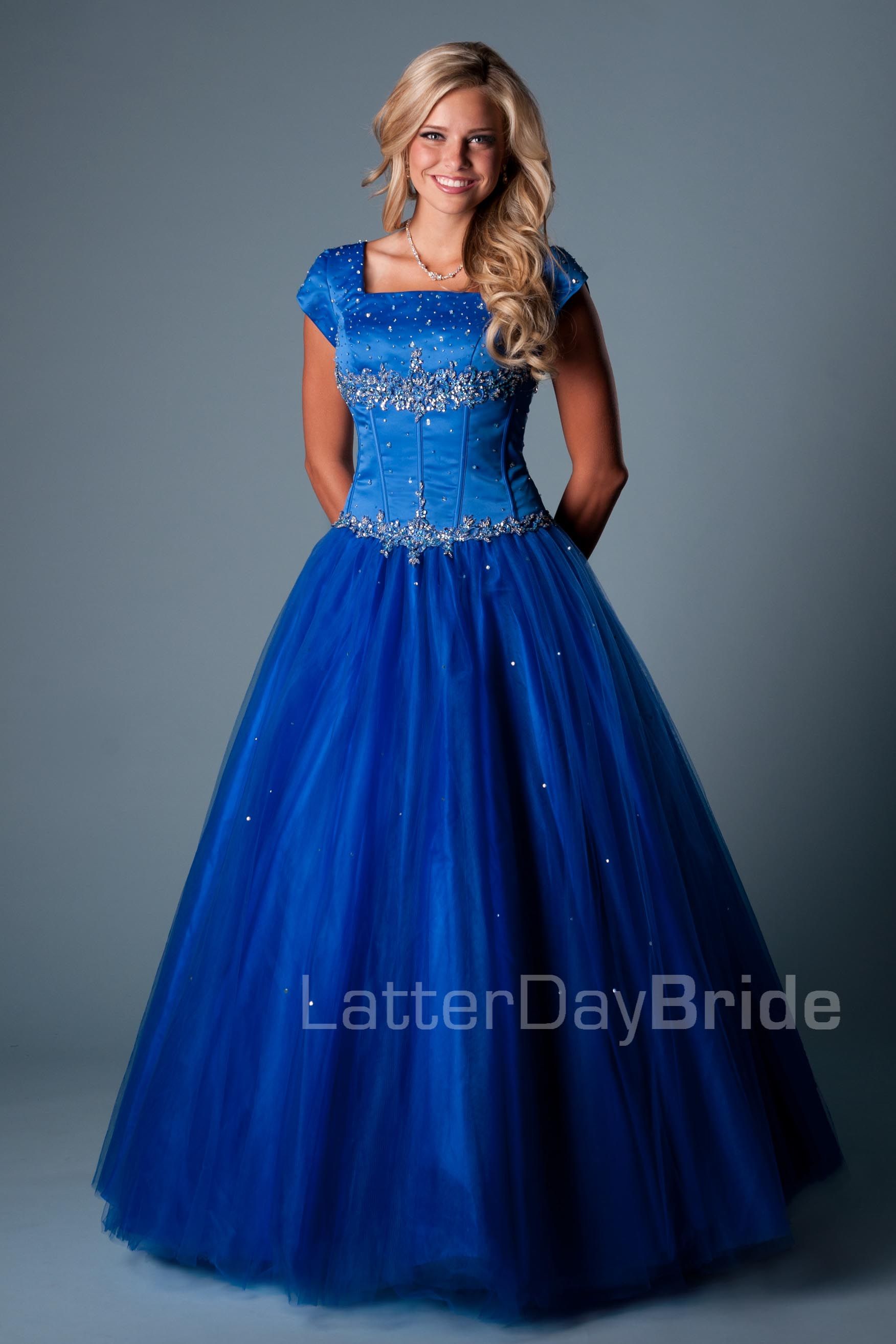 Royal Blue Ball Gown Long Modest Prom Dresses With Cap Sleeves Square ...