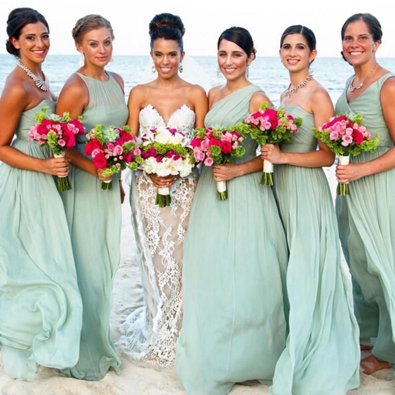2016 Beach Bridesmaid Dresses V Neck One Shoulder Mint Green Chiffon